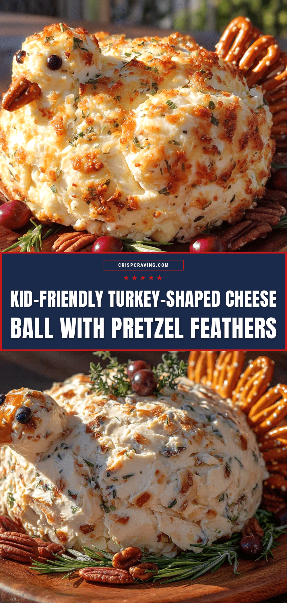 turkey cheese ball with pretzel feathers recipe